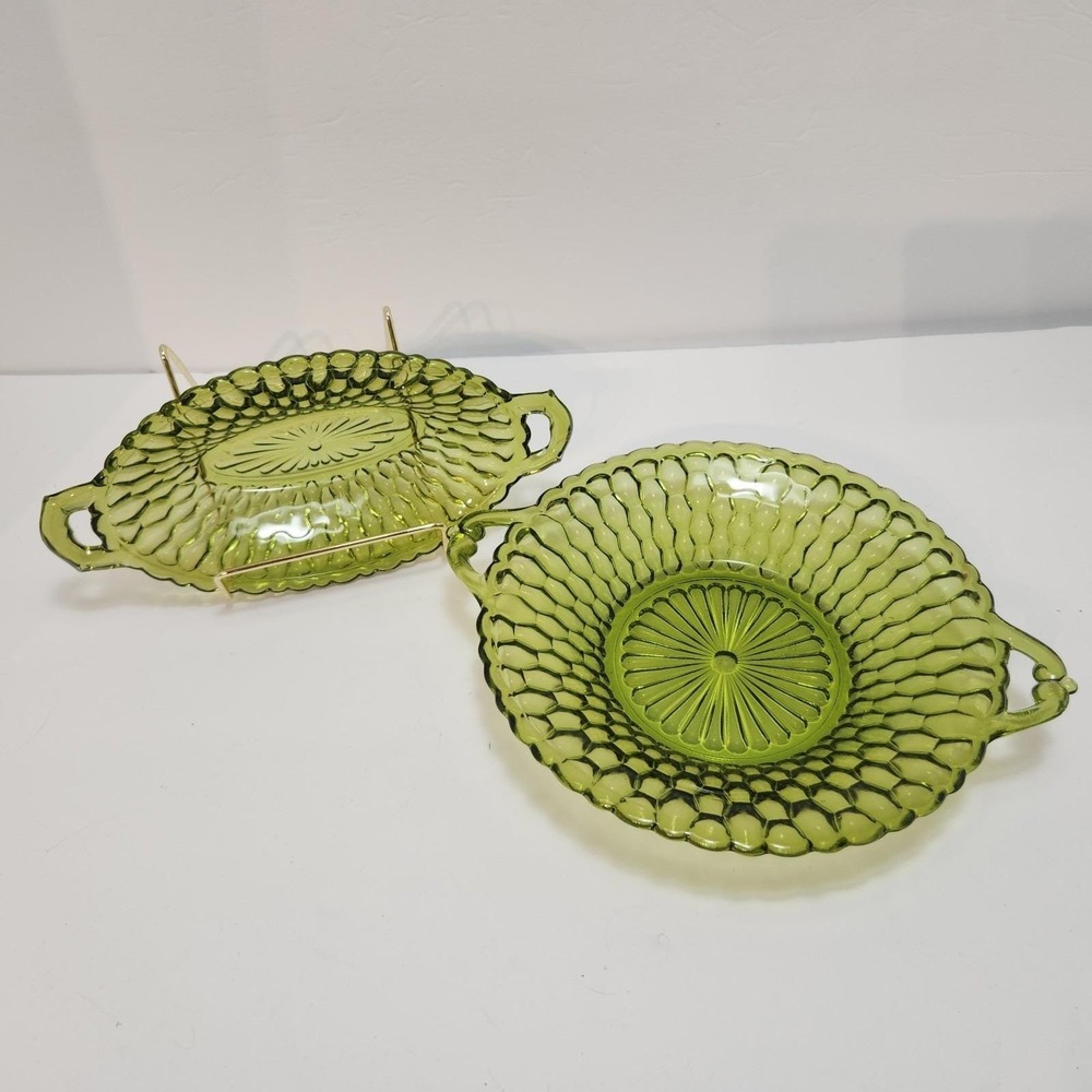 Indiana Glass Avocado Green Honeycomb Serving Dishes,‎ 2 pieces - Picture 10 of 11